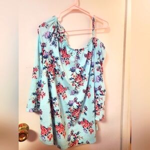 Blue Floral Off the Shoulder Bell Sleeve Top Plus Size